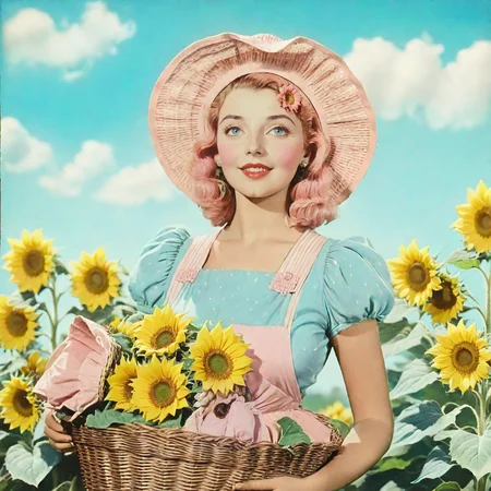 <lora:30s_Technicolor_MovieSDXL:1> ArsMovieStill, movie still from a 1930s technicolor movie, The image shows a woman wearing a pink dress and a pink hat holding a basket full of sunflowers. The background of the image is filled with lush green plants and a bright blue sky., 1girl, flower, solo, sunflower, hat, sky, day, outdoors, holding, cloud