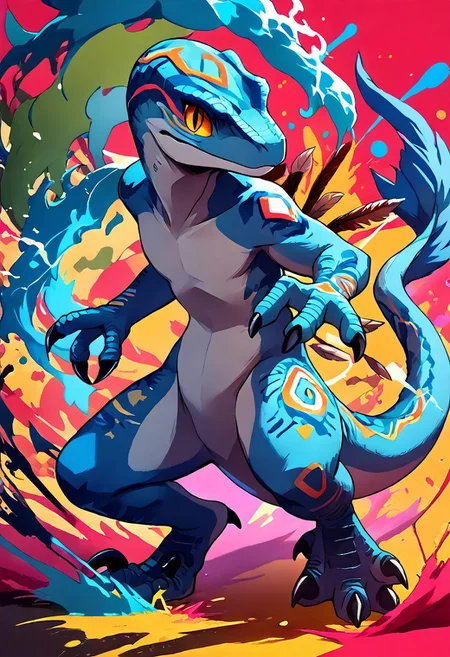 score_9, score_8_up, score_7_up, score_6_up, score_5_up, score_4_up, source_furry, source_anime, BREAK, dinosaur standing up with a glowing bow in one hand, (tribal outfit,bow, arrows, tribal markings, tribal paint,) action pose,anthro, looking at viewer, tail, anthro, Blue_jw, dinosaur, raptor, scales, tail, claws, talons, blue scales, yellow sclera, slit pupils, female,1girl,female focus,looking at viewer,full body,scalie, no human,illustration, fortnitelsxl, aura, energy, multicolored background, thick multicolored outline, background: waves of paint, reij-splshpwdr, ink lined illustration, Kemono