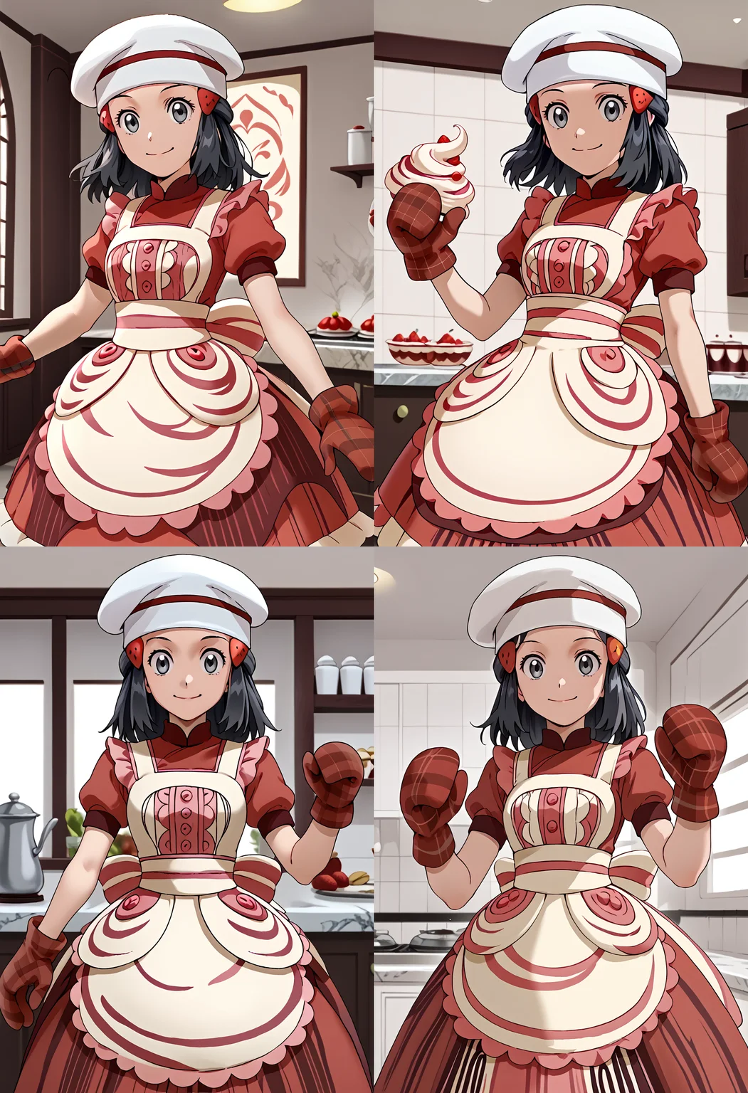 Twirling with dress flying up,  smile,  indoors,  1girl, <lora:DawnPony:1>  Dawn_Vallentine, medium hair, black hair, grey eyes, hair ornament, chef hat, white apron, buttons, red dress, short sleeves, red mittens, red footwear,