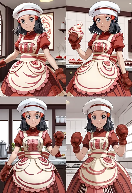 Twirling with dress flying up,  smile,  indoors,  1girl, <lora:DawnPony:1>  Dawn_Vallentine, medium hair, black hair, grey eyes, hair ornament, chef hat, white apron, buttons, red dress, short sleeves, red mittens, red footwear,