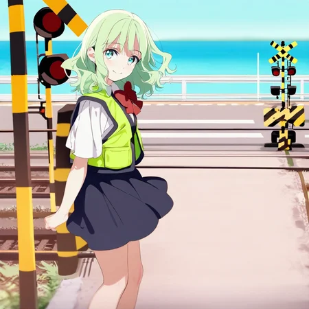 great quality,1girl,solo,almic,(akakura,ogipote,sincos:0.8),  scenery,outdoors,  blue sky,(railroad crossing),   1girl,white shirt,skirt,legs,green hair,wavy hair,medium hair,aqua eyes,breasts,beings vest,red bow,, road,looking at viewer,looking over sea,white railing,feet out of frame,upper body,smile