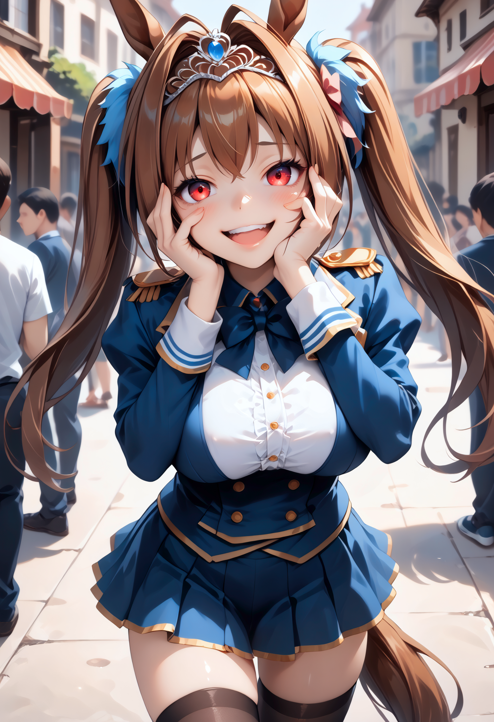 Score_9, score_8_up, score_7_up,  zPDXL3, source_anime,  uncensored, neolight, very absurdres, raytracing, detailed face, detailed eyes, detailed, pretty face, shiny hair,
BREAK <lora:umamusume_daiwascarlet_ponyXL:1> daiwadef, brown hair, red eyes, twintails, tiara, horse ears girl, horse tail girl, (huge breast:1.2),, underbust, center frills, bowtie, epaulettes, long sleeves, skirt, thighhighs,
BREAK  1girl, solo, (detailed background:1.3), (Add layer:1.3), broad vision, magnificent panorama view,overlooking, <lora:yandere-trance-ponyxl-lora-nochekaiser:1> yandere trance, yandere, hands on own cheeks, hands on own face, (crazy eyes, crazy smile, crazy, heart-shaped pupils, glowing eyes, symbol-shaped pupils, hand on own face, open mouth, glowing, blush, looking at viewer:1.2), (covered nipples:1), (erect nipples under clothing:1), outdoors, beach background, in public, crowd,,
<lora:hand 5.5:1> <lora:pubic hair_pony_V1.0:0.5> <lora:light:0.6> <lora:3Danimation_Disney_1.0:0.6> <lora:Fant5yP0ny:0.3> <lora:[SDXL 1.0] spo_sdxl_10ep_4k-data_lora_webui:1>