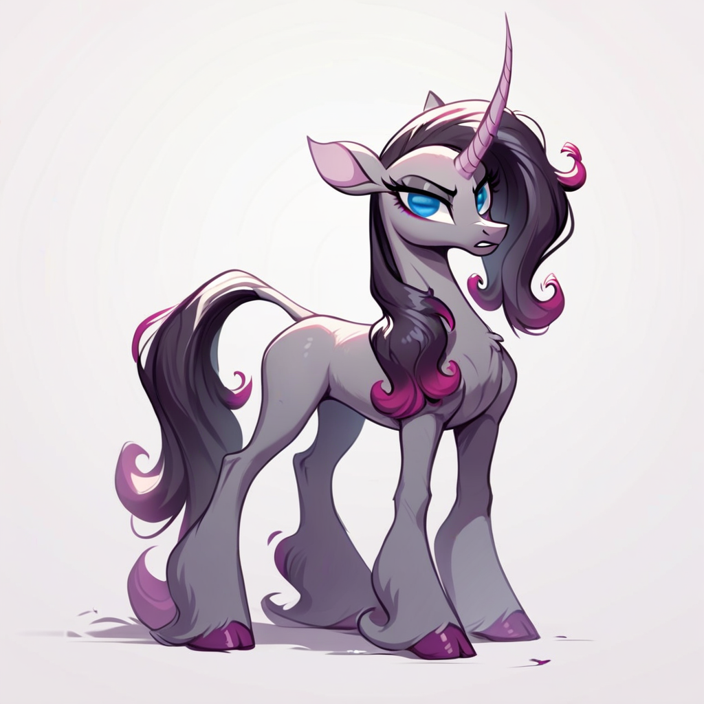 score_9,score_8,_score_7,source_furry,oleander_tfh, oleander_unicorn, unicorn girl, no humans, unicorn, solo, single horn, simple background, white background, multicolored hair, blue eyes, horns, horse, full body, fusion, purple hair, gradient hair, standing, pokemon (creature)