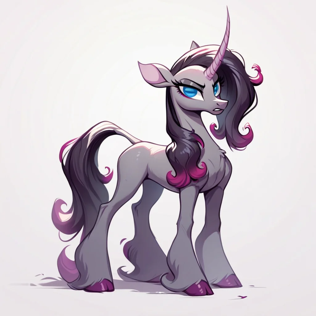 score_9,score_8,_score_7,source_furry,oleander_tfh, oleander_unicorn, unicorn girl, no humans, unicorn, solo, single horn, simple background, white background, multicolored hair, blue eyes, horns, horse, full body, fusion, purple hair, gradient hair, standing, pokemon (creature)