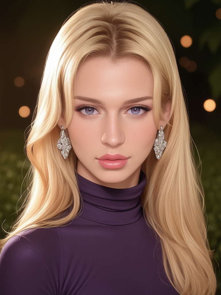 face focused, magic hour, photography, warm light, sunset, movie still, ultra detailed, portrait, BREAK
score_9, score_8_up, score_7_up, Danyelle3V4ngelista , Danyelle Evangelista, <lora:Danyelle3V4ngelista-000009-pony:1>,  1girl, solo, big lips, blonde hair, bangs, portrait, shiny lipgloss, lips, vintage aesthetic, sorceress, turtleneck, purple robe, dress, diadem, solo, blush, looking at viewer, bokeh, focus, film, velvia, film grain, best quality, photograph, focus, earrings, garden