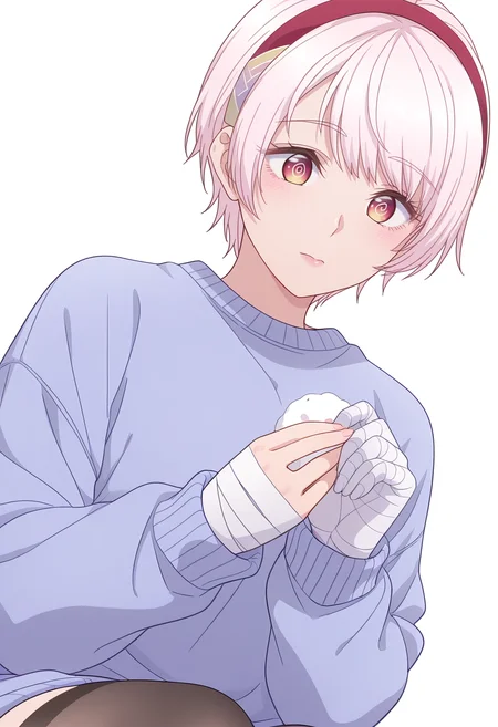Smooth Quality,masterpiece,beautiful aesthetic, very intricate, high quality details, ultra realistic, high detailed skin,
simple background, white background,
dutch angle,\n/,@ @,
stockings, ,pullover,,Bandaged hand, <lora:Natsukawa_Renacnn:0.8> rena/cnn, 1girl, short hair,