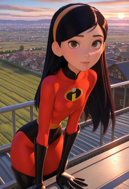 3d, 1girl, violet parr, superhero costume, looking at viewer, solo, cowboy shot, outdoors, (masterpiece,best quality,newest,absurdres,highres) <lora:VioletParr_NAI:1>, leaning forward, rooftop, city view, brown eyes, rural, countryside evening, beautiful sky