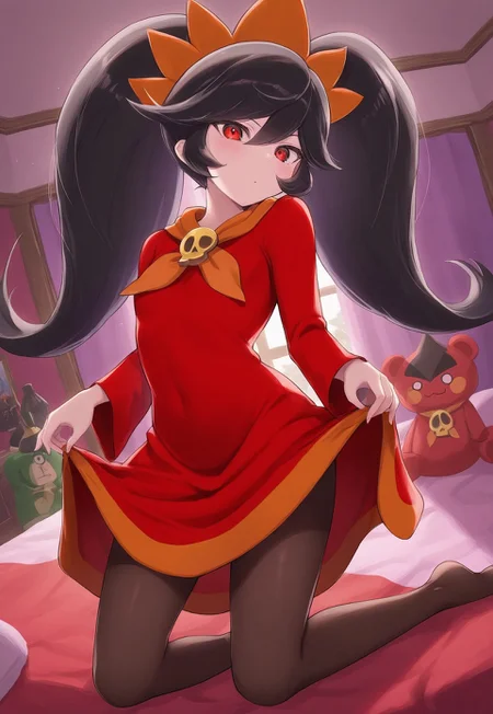 safe_pos, score_9_up, score_8_up, score_7_up,<lora:add-detail-xl:-1>, ultra detailed, masterpiece, beautiful face, beautiful eyes, amazing quality, aesthetic, absurdres, perfect, perfection, beautiful face, 4k quality, warioware,
best quality, cinematic angle, masterpiece, athletic sexy body, young, (18 yo), ashley, black hair, twintails, 1 girl, red dress, cute pose, stuffed toy, gloomy, bedroom, goth bedroom, (creative pose:1.5)