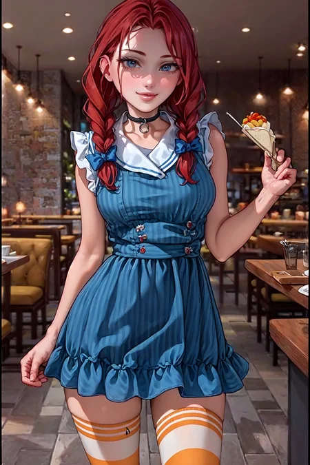(aromasensei:1.3), best quality, masterpiece, detailed background, highly detailed, intricate, detailed face, long eyelashes, detailed eyes, (standing:1.1), (thick thighs:1.0), (medium breasts:1.1), (restaurant:1.3),
(one girl, 1girl:1.1), (solo:1.3), (wendy \(wendy's\):1.3), (light blue eyes:1.1), (red hair:1.1), (swept bangs:1.2), (twin braids:1.1), (blue hair bow:1.1), (thick lips:1.3), (choker:1.1), (pale skin:1.0),
(blue striped dress, frilled dress:1.2), (red striped thighhighs:1.2),
(light smile:1.3), <lora:AromaStyle-V7:1>