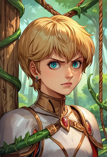 score_9, score_8_up, score_7_up, source_anime,
, (best quality) , (highly detailed) ,masterpiece ,absurdres ,detailed face ,beautiful face ,
<lora:pony_xl_Hildegard:0.8>,Hildegard,score_9,score_8_up,1girl,female,kawaii,solo,short hair,earrings blond hair
 armor, o-ring, short sleeves, gauntlet, skirt, bike shorts, asymmetrical legwear, greaves, red footwear, single braid, angry, looking at viewer, restrained, hanging, vines, carnivorous plant, outdoors, forest 
best quality, masterpiece, very aesthetic, ,,(portrait, upper body),
OverallDetail