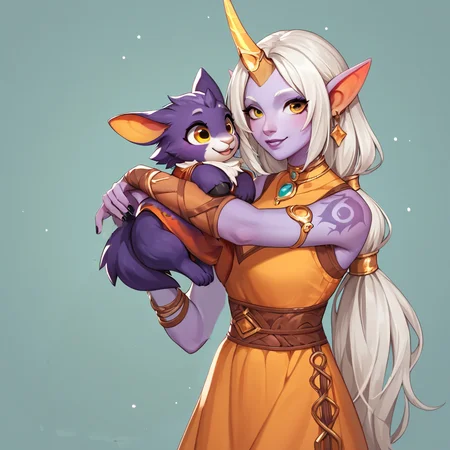 score_9, score_8_up, score_7_up, source_anime, soraka (wild rift), soraka <lora:SorakaXL:1> purple skin, purple tattoos, jewelry, orange dress, black nails, cute, looking at viewer, yellow eyes