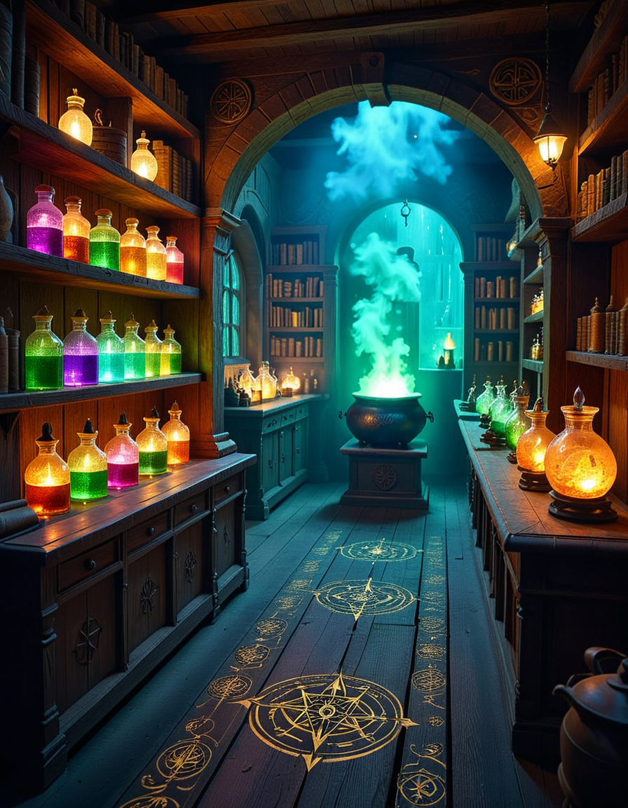 A dimly lit, mysterious alchemy shop filled with ancient books, glowing potions, and strange magical artifacts. Wooden shelves, covered in dust and cobwebs, are packed with glass bottles containing bubbling liquids in deep purples, shimmering golds, and eerie greens. The air is thick with swirling mist, and candlelight flickers, casting long shadows across the stone walls. In the foreground, an old wooden counter holds an open grimoire, alongside mortar and pestles, dried herbs, and mysterious symbols carved into the surface. Strange objects like a levitating crystal orb, a preserved dragonâs eye in a jar, and an enchanted dagger with glowing runes are displayed throughout the space. A bubbling cauldron in the corner emits a soft, eerie glow, illuminating the intricate arcane symbols on the floor. The atmosphere is dark, mystical, and full of ancient secrets, evoking a sense of forgotten magic and hidden knowledge.
<lora:SDXLFaeTastic2400:0.4> <lora:extremely_detailed:0.4> extremely detailed,<lora:mysterious_4lch3my_sh0p:1>,mysterious 4lch3my sh0p, Masterpiece,best quality,hi res,8k,hi res,8k,award winning,(sharp focus, intricate, highly detailed),