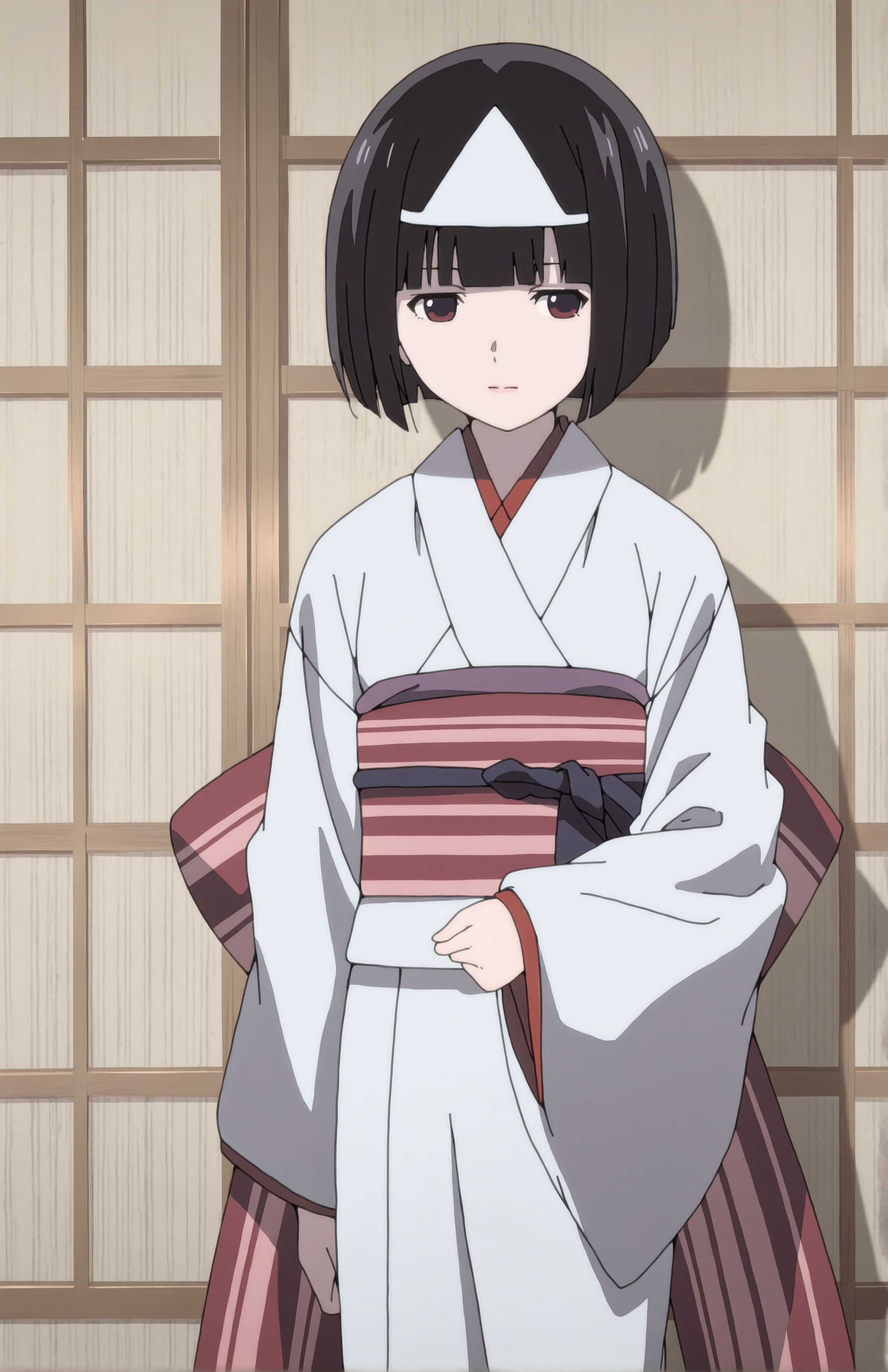 NoraMizu. 1girl, black hair, short hair, bangs, triangular headpiece, japanese clothes, white kimono, obi, sash, long sleeves, 
