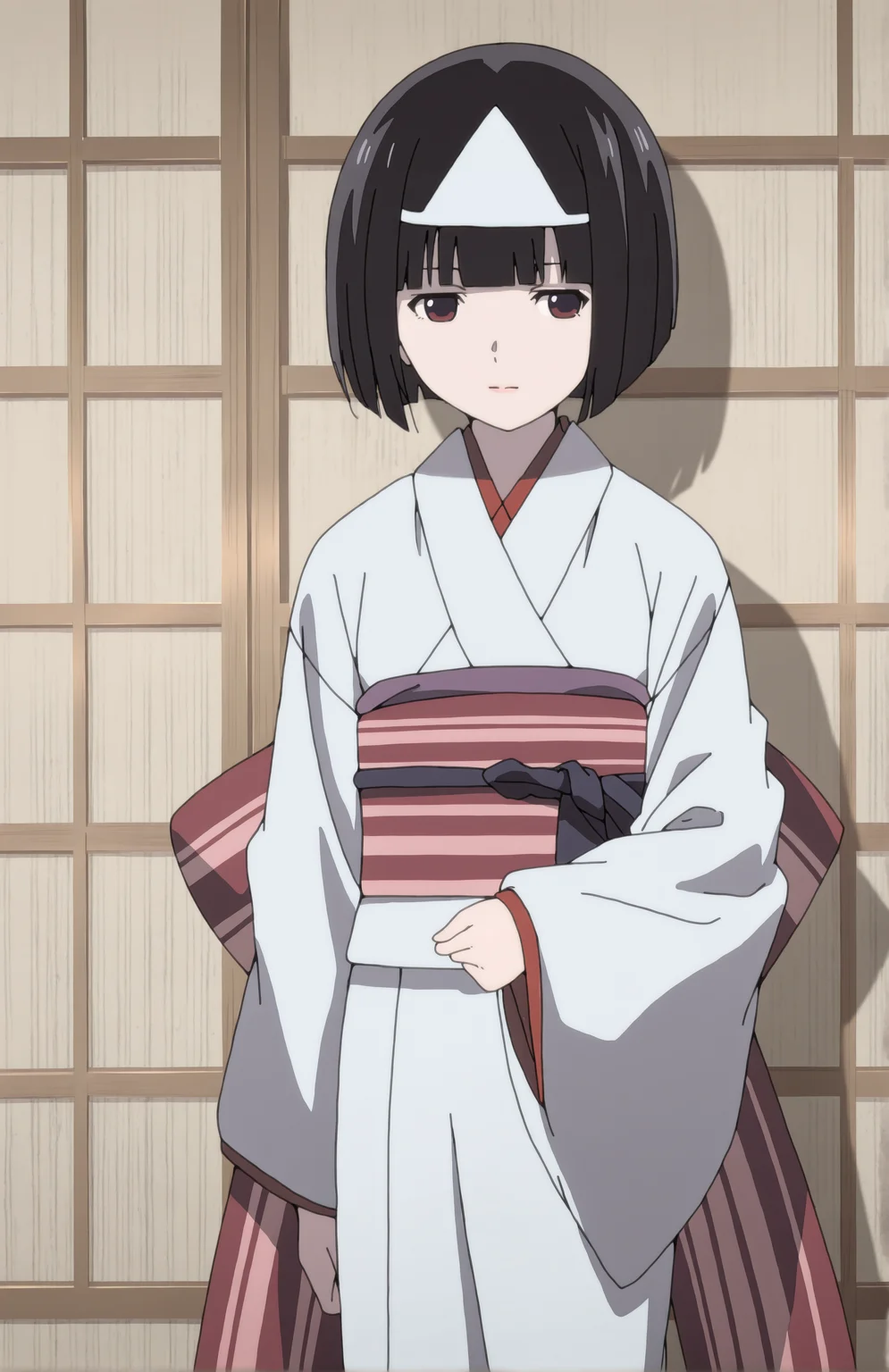 NoraMizu. 1girl, black hair, short hair, bangs, triangular headpiece, japanese clothes, white kimono, obi, sash, long sleeves,