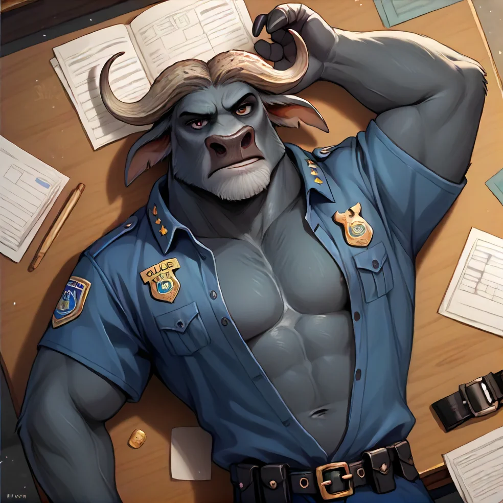 score_9, score_8_up, score_7_up, detailed background, <lora:Bogo:0.9> bogo, buffalo, 1boy, solo, police uniform, lying, lying on desk, high angle, open clothes