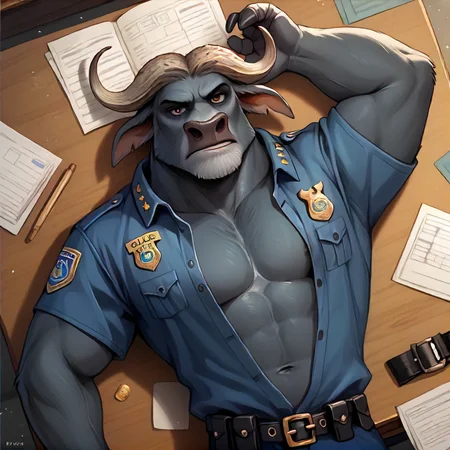 score_9, score_8_up, score_7_up, detailed background, <lora:Bogo:0.9> bogo, buffalo, 1boy, solo, police uniform, lying, lying on desk, high angle, open clothes