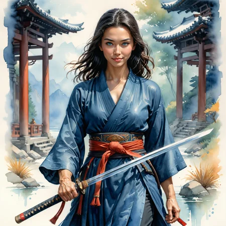 by Nicholas Roerich and Georgina Goodwin and Chizuko Yoshida in the style of Antonio J. Manzanedo and Malcolm Liepke,  watercolor <lora:watercolor_by_ntc:0.90> ,   cultist wielding a katana <lora:katana:0.35>   <lora:more_art:0.30> <lora:RMSDXL_Enhance:0.45> <lora:RMSDXL_Creative:0.45> <lora:RMSDXL_Photo:0.45> <lora:RMSDXL_Darkness_Cinema:0.45> <lora:clothing_slider:0.00> <lora:great_lighting:1.00> <lora:aesthetic:1.00> <lora:looking_at_viewer:1.00> <lora:photorealistic_portrait_v2:0.25> <lora:attractive_v2:0.10> <lora:extremely_detailed_v2:0.25> <lora:add_detail:0.75> <lora:perfect_eyes:0.25> <lora:perfect_hands:0.50>