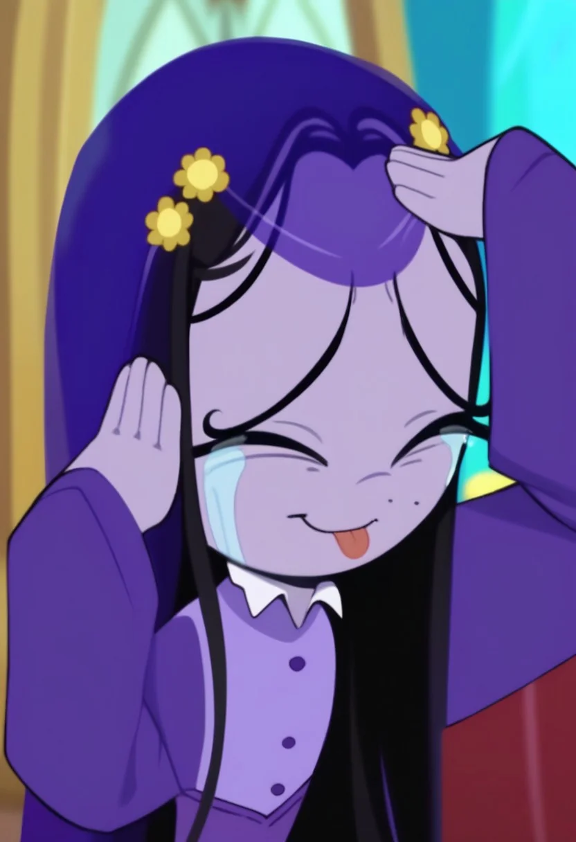 score_9, score_8_up, score_7_up, AhEtoBlehMeme, closed eyes, tongue out, :p, hands on own head, smile, <lora:AhEtoBlehMeme_pdxl_Incrs_v1:1>, MiseryRG, black hair, black eyes, pale purple skin, tears trail, purple veil, yellow flower hairclips, white-collared purple buttoned dress, long purple sleeves,