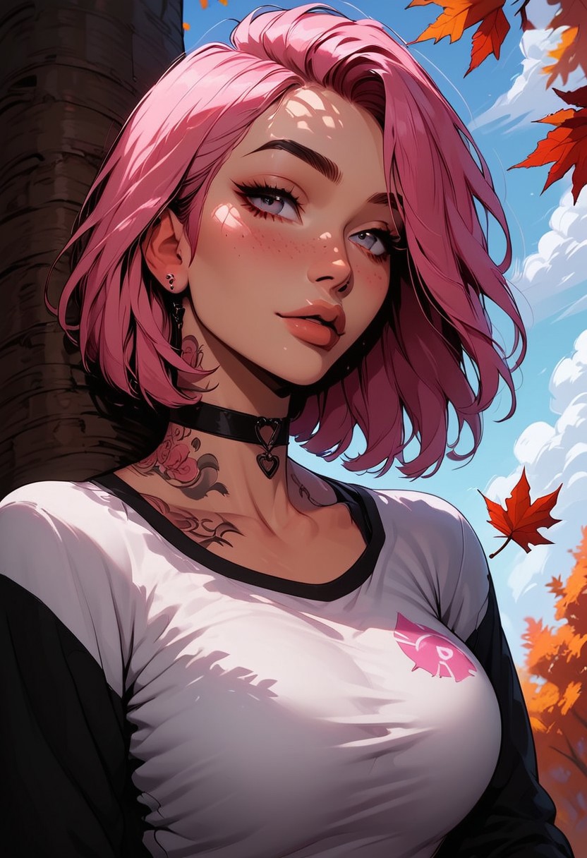 Score_9, Score8_up, Score_7_up, (((High Resolution, Best Quality))), 
1girl, solo, toned arms, single pink streak in hair, Covered in Tattoos, neck tattoos, 
white t-shirt, long black sleeves, tight shirt, large breasts, choker, 
seducing, seductive, flirty, tender, loving, playful, looking at viewer, shy body language, 
Leaning against tree, 
Outside, park, autumn, leaves blowing in the wind, Cloudy Sky,