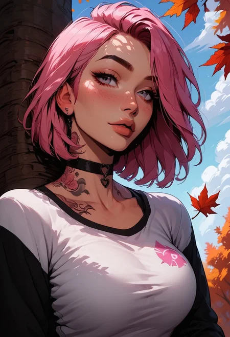 Score_9, Score8_up, Score_7_up, (((High Resolution, Best Quality))),
1girl, solo, toned arms, single pink streak in hair, Covered in Tattoos, neck tattoos,
white t-shirt, long black sleeves, tight shirt, large breasts, choker,
seducing, seductive, flirty, tender, loving, playful, looking at viewer, shy body language,
Leaning against tree,
Outside, park, autumn, leaves blowing in the wind, Cloudy Sky,