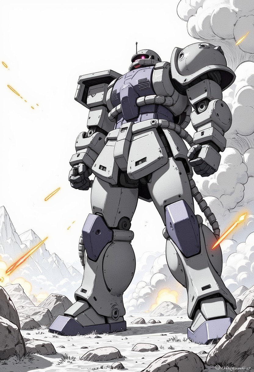 The Zaku II,mecha, a huge robotic figure being shot at by explosions off in the distance, robot, mecha, no humans, science fiction,HarutoYumaArts, pencil drawning, color accents, color highlights, (grayscale:1.3),mecha, robot, glowing, ef_ffct,nijimecha