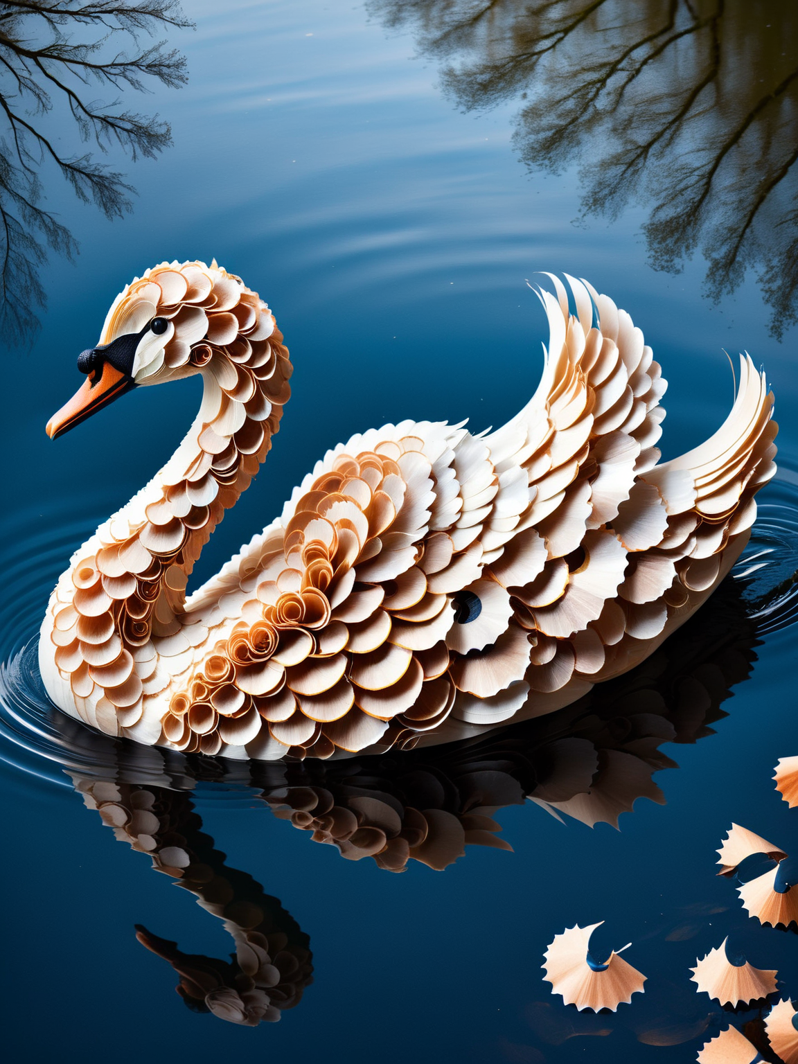 a ais-pencilshavings swan, gracefully swimming in the beautiful lake <lora:Pencil_Shavings_Style_SDXL:1>  <lora:EnvyBetterHiresFixXL01:0:hr=1>