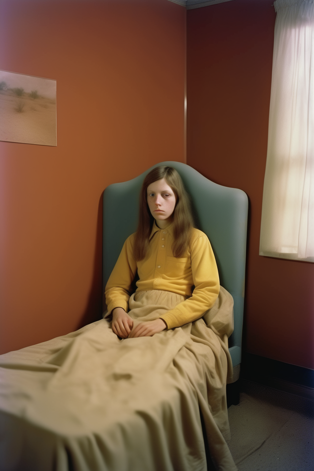 <lora:Alec Soth style:1>Alec Soth style - Create a portrait photograph that mimics Alec Soth's style in Sleeping by the Missisippi. The photography should be taken by a large format camera with Kodak Portra 400 film. The photograph describes the scene seen by the hero in Solaris (a science fiction) when he first woke up in the star. His girl friend was alived, sitting on a chair. And there is a window, from which one can see the red sea and red sky. The colors should not be too saturated.