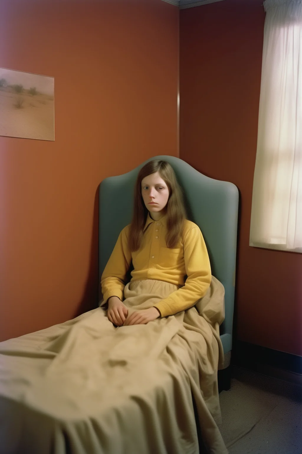<lora:Alec Soth style:1>Alec Soth style - Create a portrait photograph that mimics Alec Soth's style in Sleeping by the Missisippi. The photography should be taken by a large format camera with Kodak Portra 400 film. The photograph describes the scene seen by the hero in Solaris (a science fiction) when he first woke up in the star. His girl friend was alived, sitting on a chair. And there is a window, from which one can see the red sea and red sky. The colors should not be too saturated.