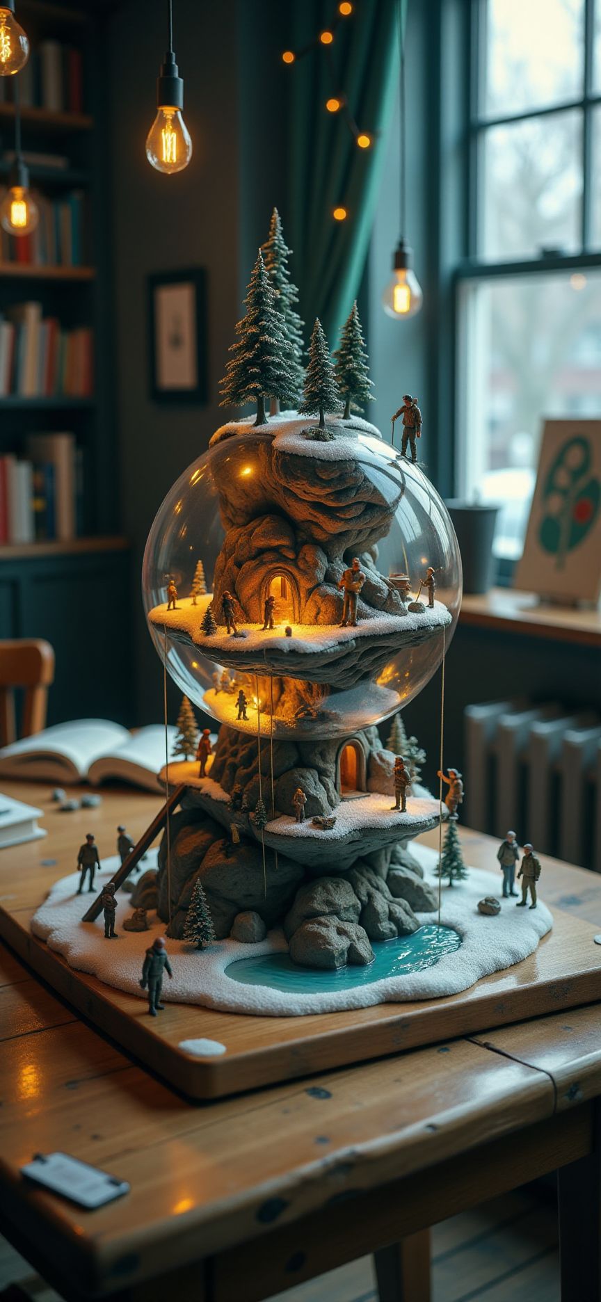 (indoors,indoor,isometric view,side view,tilt-shift lens:2), (fna_style,miniature,miniature,diorama,miniature,diorama,PVC,plastic:2),starry night,winter giant (multi layers of shore camp site sphere vertical:2.5)  is located center, people are climbing with ropes, (in wooden square plate:3) (on table at study:3) <lora:Fantasy_Novel_Art_Style:1> <lora:Rostpunk:0.3>