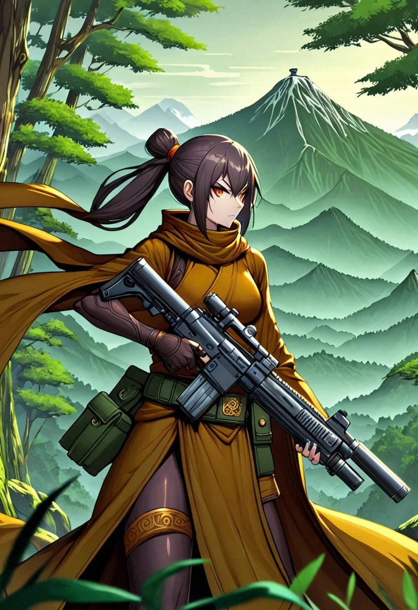 GunMonk, 1woman, holding a gun, forest mountain background