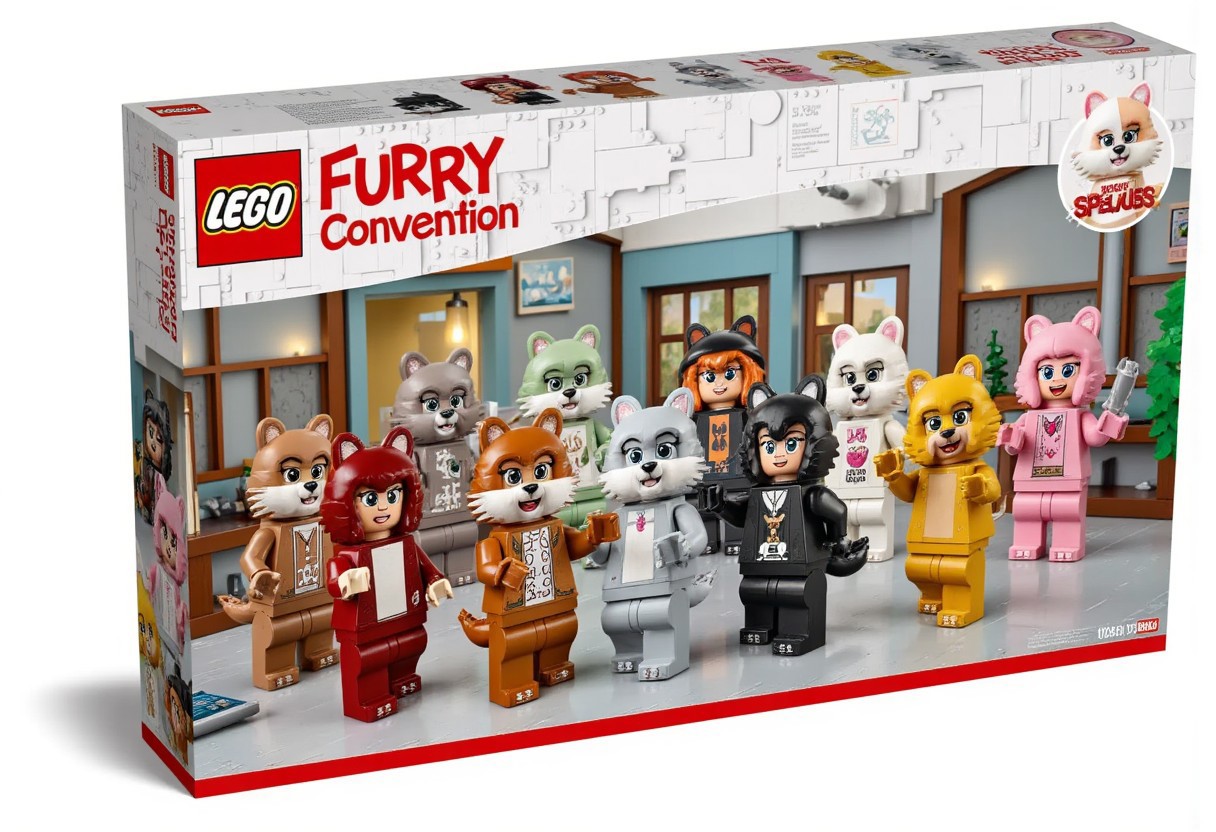 This image is a photograph of a LEGO box for the "Furry Convention" set. The box features a predominantly white design with a prominent red stripe along the top and bottom edges. The front displays the LEGO logo in the top left corner, with the product name "Furry Convention" in red, bold text. The box features many Fursuit wearing LEGO minifigs in a room. The whole scene is made out of lego pieces.