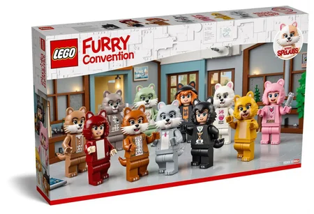 This image is a photograph of a LEGO box for the "Furry Convention" set. The box features a predominantly white design with a prominent red stripe along the top and bottom edges. The front displays the LEGO logo in the top left corner, with the product name "Furry Convention" in red, bold text. The box features many Fursuit wearing LEGO minifigs in a room. The whole scene is made out of lego pieces.