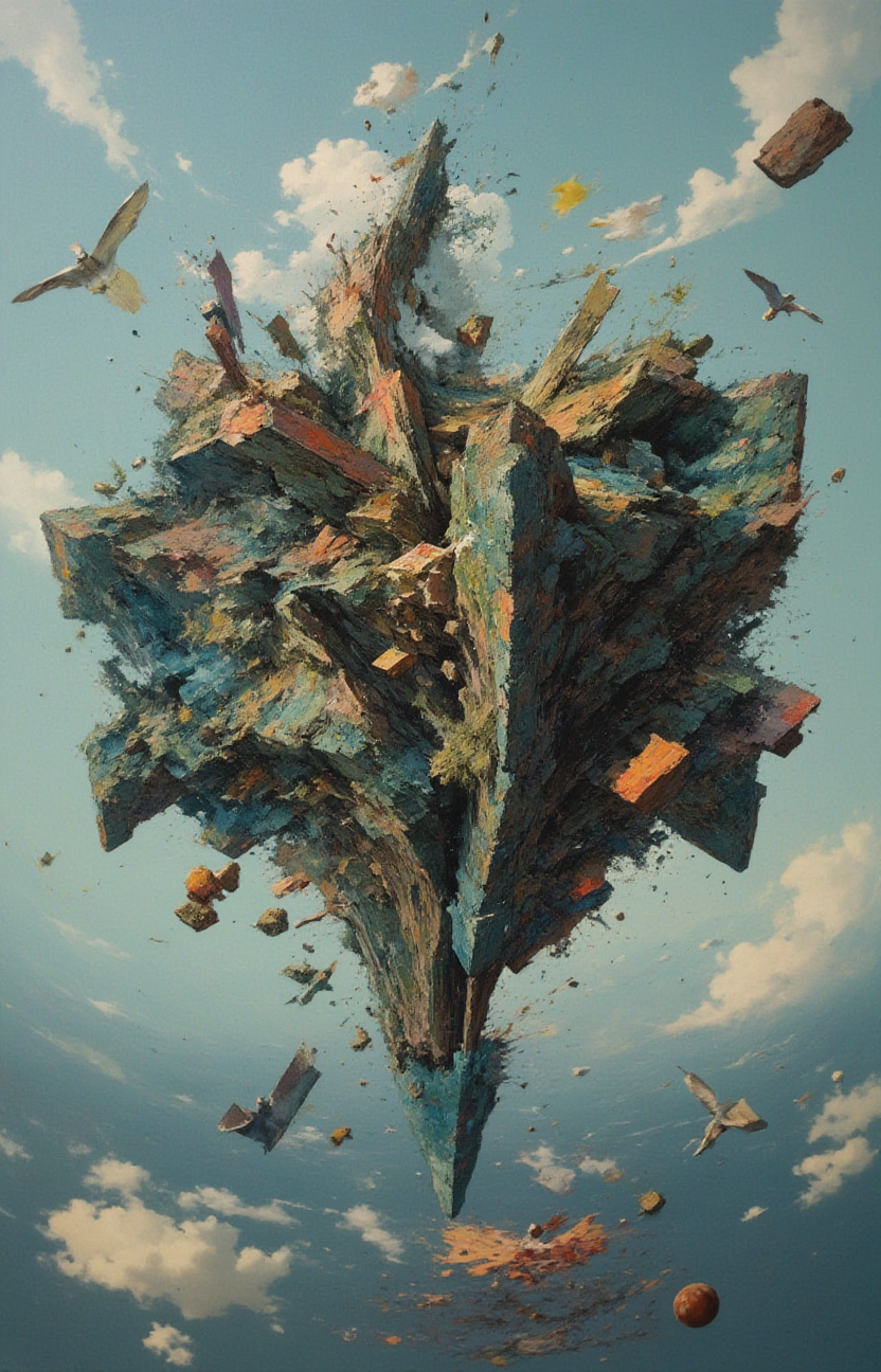 a strange and impossible to solve landscape glued to a robotic motherboard tilted 454,78 degree upside down, baffling optical illusion, disorienting angle, surreal    <lora:- Flux1 - impossible_geometry_V1.0:.8>