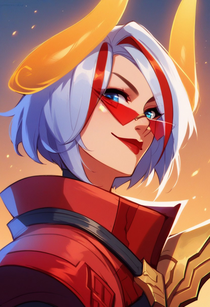 score_9, score_8_up, score_7_up, ultra detailed, 1girl, lbfiora, white hair, tinted eyewear, short hair,yellow glow horns,streaked hair, red hair, blue eyes, smile