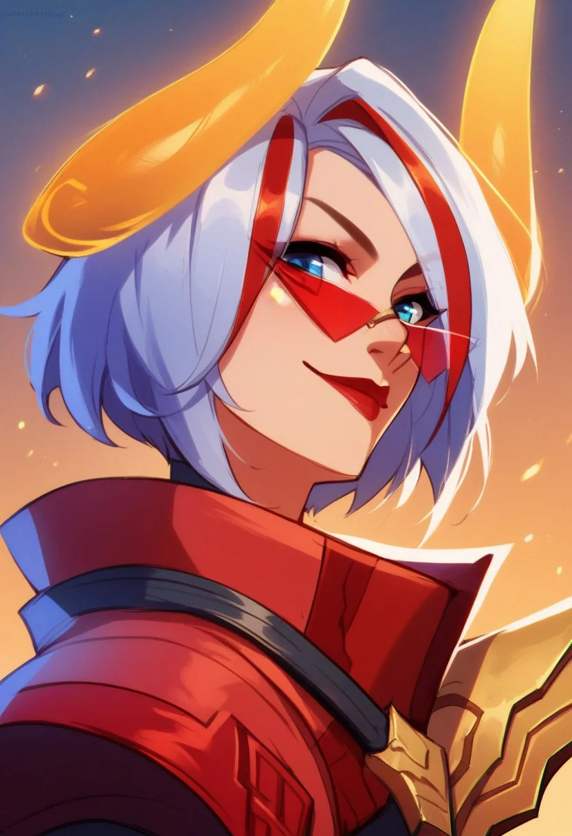 score_9, score_8_up, score_7_up, ultra detailed, 1girl, lbfiora, white hair, tinted eyewear, short hair,yellow glow horns,streaked hair, red hair, blue eyes, smile