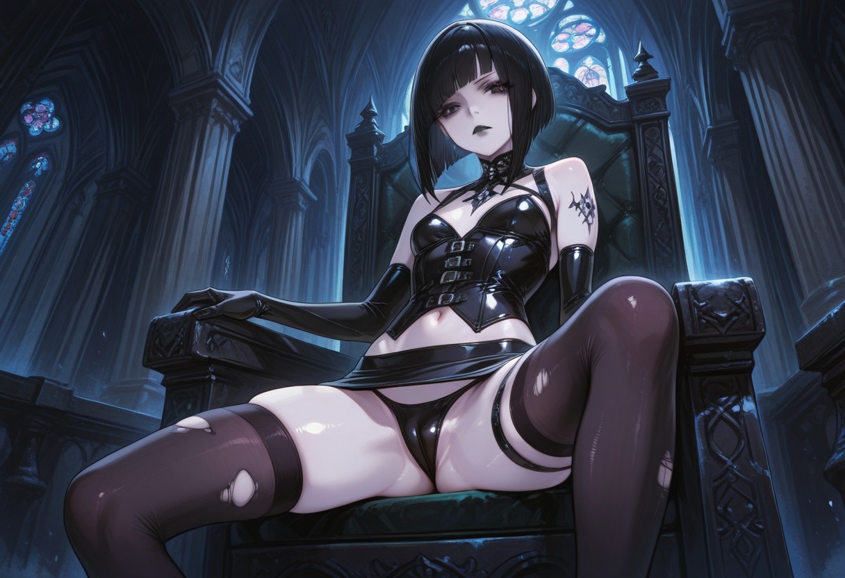 absurdres, masterpiece, best quality, very aesthetic, HDR, 8K, ultra-detailed, anime, 748cmstyle, inside, cathedral, full body, front view,
1girl, SadisTrix, solo, inverted bob hair, black hair, pale skin, black eyes, tattoo, navel, makeup, black eyeliner, black lips, small breasts, gothic, elbow gloves, corset, torn thighhighs, thigh strap, lowleg panties, cameltoe, mini skirt, tight skirt, skindentation, shiny skin, dominant female, (skinny), looks at viewer, sitting at throne, dominant pose, narcissistic person, Mistress),