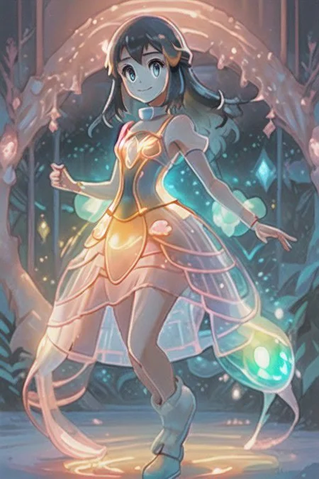 dawn \(pokemon\), small smile, red bioluminescent dress, 1girl,