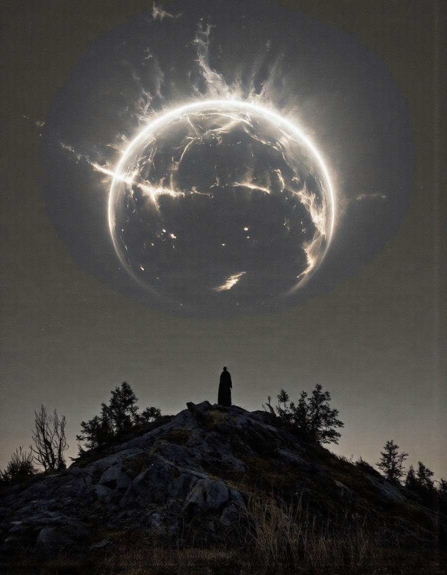 Art par Alexey Egorov. Une scène monochrome avec une figure solitaire debout au milieu d'un paysage désolé, avec une grande sphère brillante en arrière-plan. La silhouette est silhouettée contre le ciel sombre et brumeux, et est positionné au centre de l'image, face à l'éloignement du spectateur, avec leur corps plein visible depuis la caméra. Ils se tiennent sur un affleurement rocheux, entouré d'une végétation clairsemée, et l'atmosphère est encore améliorée par les faisceaux lumineux dramatiques et éthérés émanant de la sphère, créant un sentiment de profondeur et de dimensionnalité. L'ambiance globale est celle du mystère et de la solitude, la figure se détachant contre le paysage désolé.
