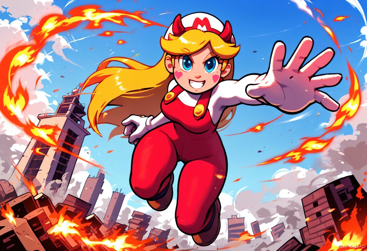 score_9, score_8_up, score_7_up , solo,1girl, tall girl, big breast, wide hips, breast focus, front view, pov,  , masterpiece, beautiful,,ITMario,cartoon-style,white hat,white long-sleeved shirt, red overalls,  
starbutterfly, 1girl, blonde hair, horned headwear, hairband, long hair, solo, heart, blue eyes, facial mark, very long hair
, brown shoes, white gloves, yellow buttons, short hair, dinamic pose, fire, jumping, punch, mid air, fire bend, city background, smoke, destroyed city,warm light style,