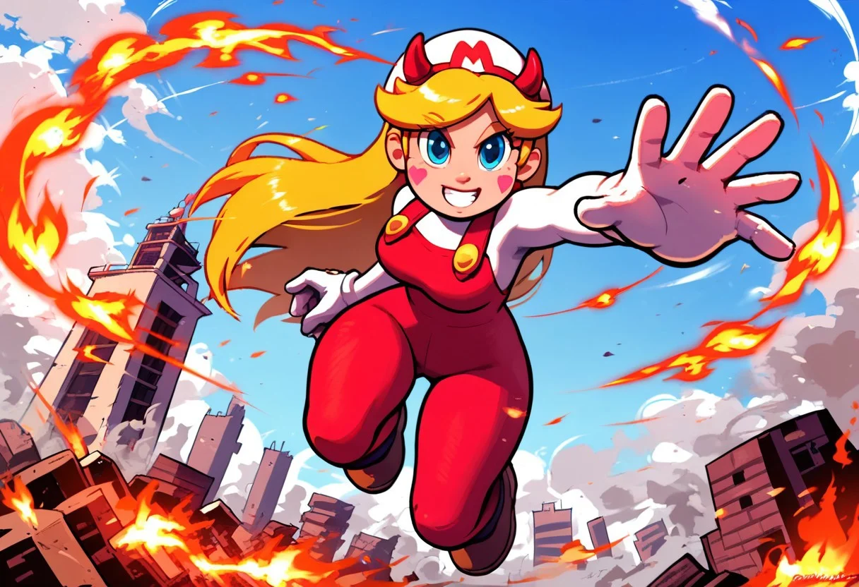 score_9, score_8_up, score_7_up , solo,1girl, tall girl, big breast, wide hips, breast focus, front view, pov, , masterpiece, beautiful,,ITMario,cartoon-style,white hat,white long-sleeved shirt, red overalls,
starbutterfly, 1girl, blonde hair, horned headwear, hairband, long hair, solo, heart, blue eyes, facial mark, very long hair
, brown shoes, white gloves, yellow buttons, short hair, dinamic pose, fire, jumping, punch, mid air, fire bend, city background, smoke, destroyed city,warm light style,