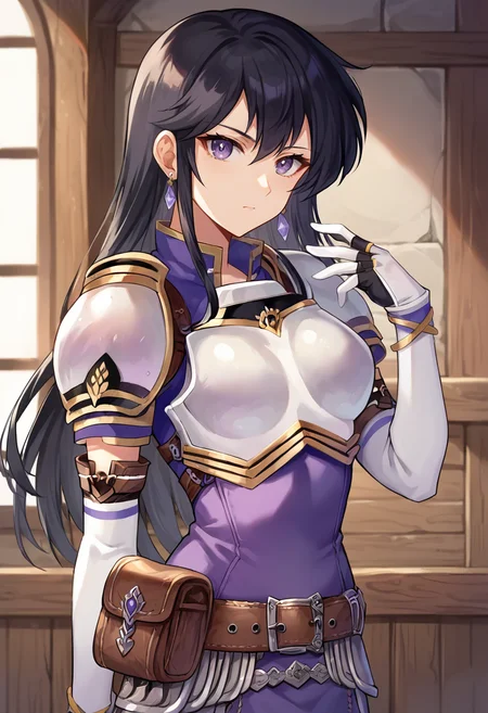 score_9, score_8_up, score_7_up, masterpiece, source_anime 1girl, ct_ayra, light purple eyes, black hair, long hair, earrings, purple dress, short sleeves, pauldrons, breastplate, armor, elbow gloves, brown belt, belt pouch, indoors, wooden wall, looking at viewer, upper body, hand up, <lora:Ayra_Pony_ct_ver2:0.9>