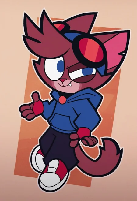 Score_9, score_8_up, score_7_up, solo, thick outline, black outline, Murphy, 1boy, tail, furry male, furry, animal ears, cat tail, cat boy, cat ears, blue eyes, fang, two-tone fur, pants, shoes, black pants, red footwear, hoodie, hood, goggles, goggles on head, smile,