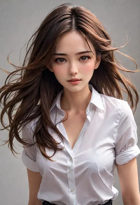 (masterpiece), 
1girl,
white shirt,
brown hair,, floating hair, 
upper body shot, 
HDR, highly detailed, 32k, 
(sexy) mood, 
perfect face feature,