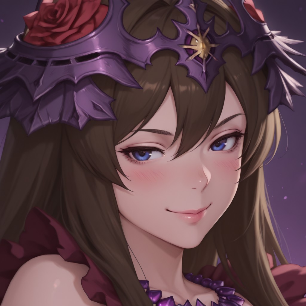 safe_pos, close-up, face focus, BREAK safe_pos, safe_pos, masterpiece, best quality, newest, realistic, solo, smile, blush, large breasts, 3/4, 1girl, RosequeenGranblue, headgear, purple crown, blue eyes, brown hair,long hair, necklace, BREAK forest