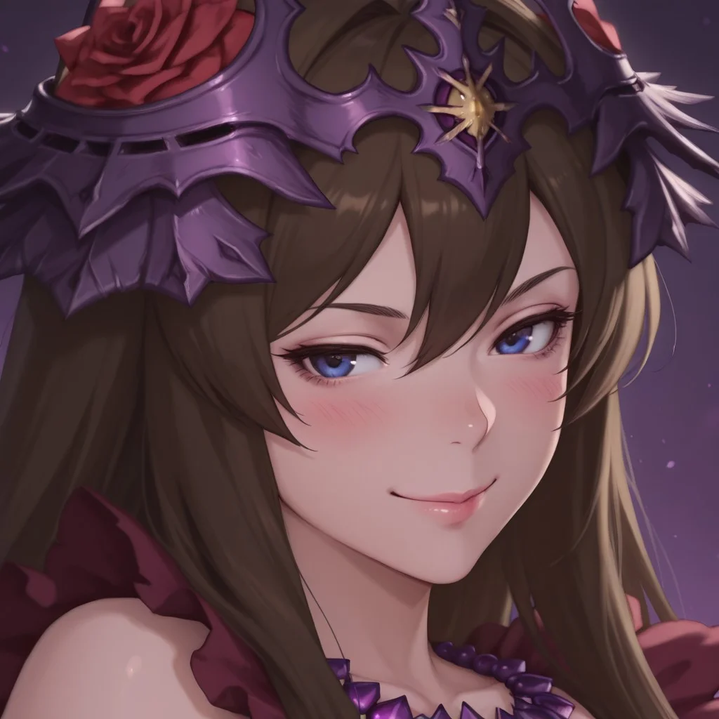 safe_pos, close-up, face focus, BREAK safe_pos, safe_pos, masterpiece, best quality, newest, realistic, solo, smile, blush, large breasts, 3/4, 1girl, RosequeenGranblue, headgear, purple crown, blue eyes, brown hair,long hair, necklace, BREAK forest