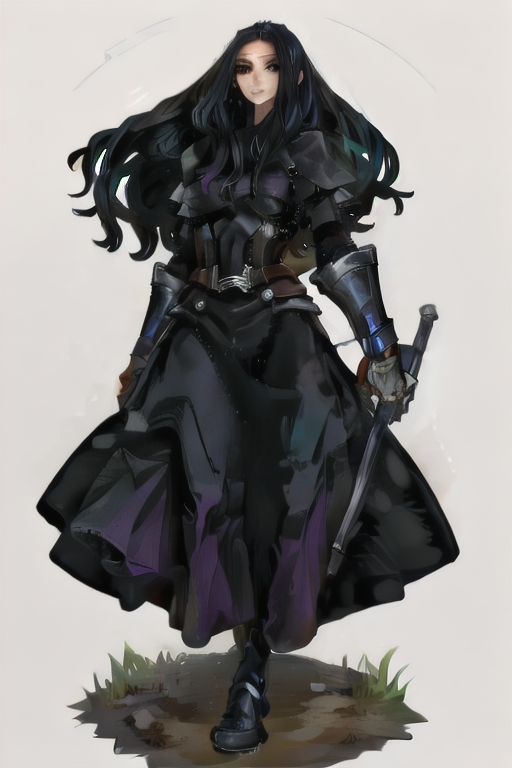 [inpainted faces] <lora:DragonsCrown-768:1>, woman standing, black hair, long hair,  (solo), (facing viewer)  in armored, long loose dress, simple background,
