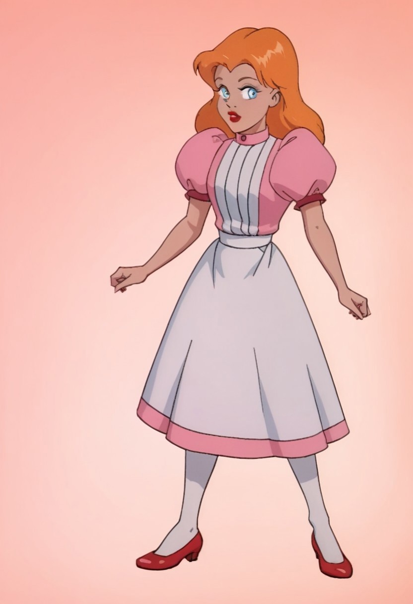 score_9_up, score_8_up, score_7_up, 1980s (style), retro artstyle, source_cartoon, rating_safe, solo 
JetLagAlice, 1girl, orange hair, blonde hair, long hair, makeup, lipstick, red lips, blue eyes, puffy sleeves, puffy short sleeves, short sleeves, dress, pink dress, apron, white pantyhose, pantyhose, skirt, shoes, red footwear