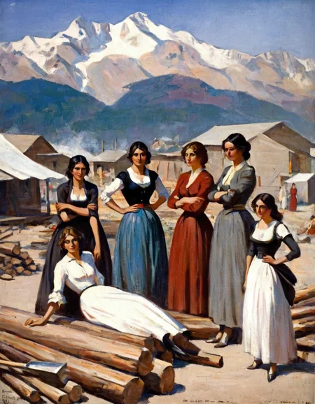 Dunn painting depicting several women posed in front of temporary structures, likely housing or stores, which are set against a backdrop of a mountain range. The building construction consists of horizontal plank walls. Some of the structures have awnings, hinting at their commercial purpose. Five women are the focal point of the image, all dressed in period clothing from the early 20th century. The women are wearing long dresses. A light-skinned, young woman is the central figure and she's resting or sitting on what appear to be stacked logs which form a makeshift bench. The other women stand around with accessories like rakes or shovels. The ground appears uneven and littered with debris, suggesting a hastily constructed or temporary settlement .<lora:HDunn1-000006:1>
