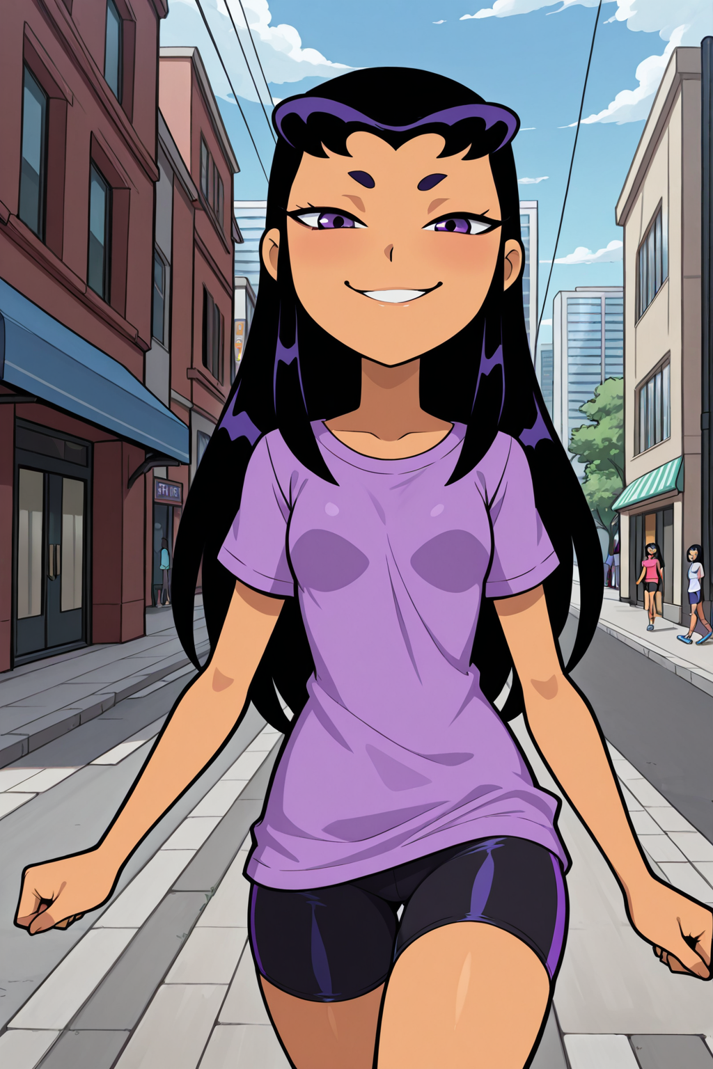 ((parody, animification, official style)), perfect anatomy, perfect eyes) BREAK <lora:StarfireBlackfireILL:1> komand'r, purple eyes, long hair, black hair, orange skin, smoldering eyes, naughty face, smug, (looking at viewer), t-shirt, bike shorts, teasing viewer, model pose, showing off body, walking, swaying, sidewalk, city street, outdoors
