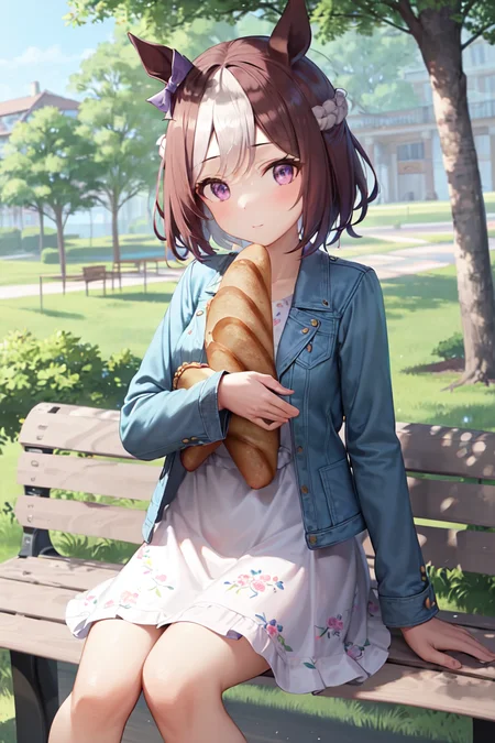 masterpiece, best quality,
special week \(umamusume\),
sitting, on bench, baguette, object hug,
ear bow, purple bow, casual, blue jacket, white dress, long sleeves, open clothes, open jacket, floral print,
<lora:special_week_loha:0.6>